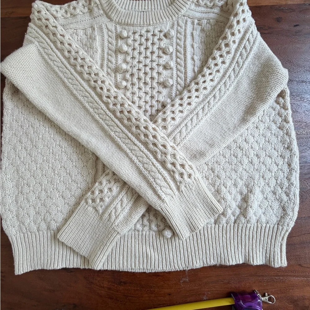 J CREW POPCORN CABLE KNIT SWEATER XL beige cream wool blend winter classic - Picture 3 of 9